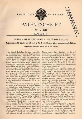Original Patentschrift - W. Dorman in Stafford , England , 1899 , Nagel - Maschine für Schuhe , shoes , shoe !!!