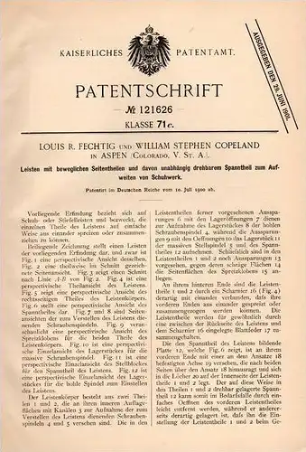 Original Patentschrift - L. Fechtig und W. Copeland in Aspen , Colorado , 1900 , Leisten für Schuhe , shoe , shoes !!!