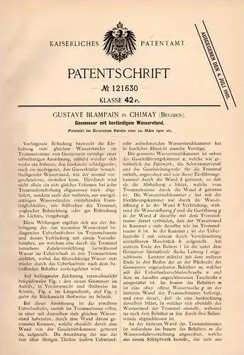 Original Patentschrift - G. Blampain in Chimay , 1900 , Gasmesser mit Wasserstand , Gas !!!