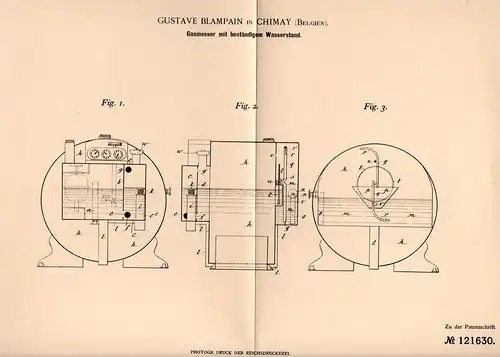 Original Patentschrift - G. Blampain in Chimay , 1900 , Gasmesser mit Wasserstand , Gas !!!