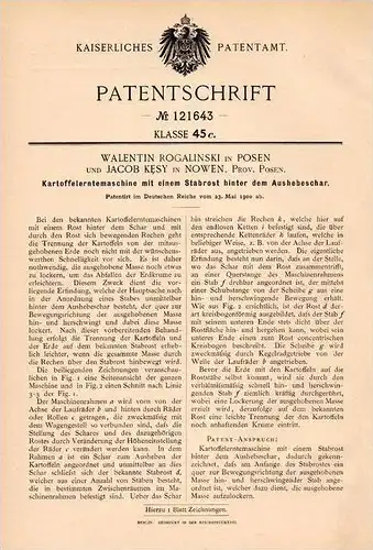 Original Patentschrift - Jacob Kesy in Nowen / Nowe , Posen ,1900, Kartoffel - Erntemaschine , Landwirtschaft , Agrar !!