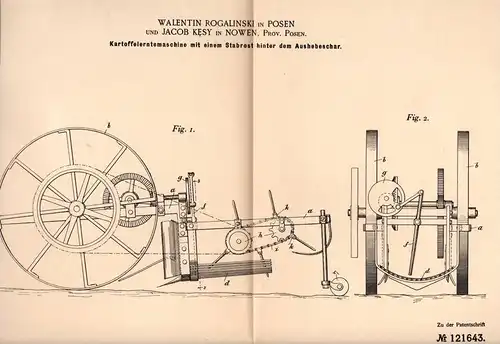 Original Patentschrift - Jacob Kesy in Nowen / Nowe , Posen ,1900, Kartoffel - Erntemaschine , Landwirtschaft , Agrar !!
