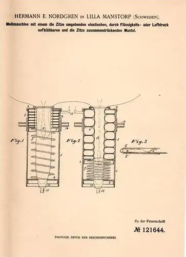 Original Patentschrift - H. Nordgren in Lilla Manstorp , Sweden , 1900 , Melkmaschine , Melker , Milch , Kuh !!!