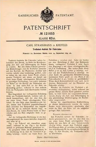 Original Patentschrift - Carl Strassmann in Krefeld , 1899 , Fahrrad - Trethebelantrieb , Fahrräder !!!