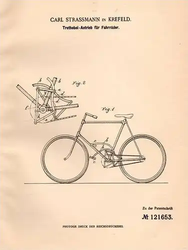 Original Patentschrift - Carl Strassmann in Krefeld , 1899 , Fahrrad - Trethebelantrieb , Fahrräder !!!