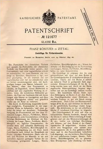 Original Patentschrift - F. Könitzer in Zittau , 1899 , Centrifuge für Färberei , Gewebe , Fasern !!!