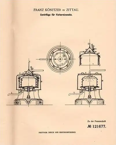 Original Patentschrift - F. Könitzer in Zittau , 1899 , Centrifuge für Färberei , Gewebe , Fasern !!!