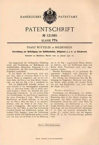 Original Patentschrift - F. Witteler in Hildesheim , 1900 , Befestigung für Schlittschuhe und Steigeisen !!!