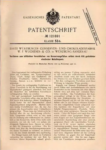 Original Patentschrift - Erste Fabrik für Schokolade in Würzburg - Sanderau , 1900 , Verschließen von Konserven !!!