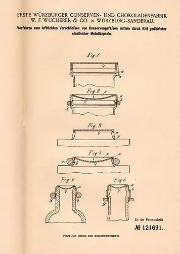 Original Patentschrift - Erste Fabrik für Schokolade in Würzburg - Sanderau , 1900 , Verschließen von Konserven !!!