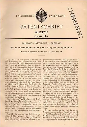 Original Patentschrift - F. Altmann in Breslau , 1900 , Tiegeldruckpresse , Tiegeldruck , Prägung , Druckerei , Druck !!