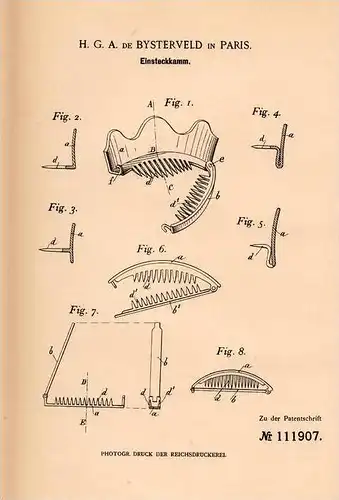 Original Patentschrift - H. de Bysterveld in Paris , 1899 , Einsteckkamm , Kamm , Haare , Friseur !!!