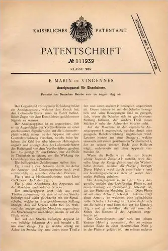 Original Patentschrift - E. Marin in Vincennes , 1899 , Anzeigeapparat für Eisenbahn , Lokomotive !!!