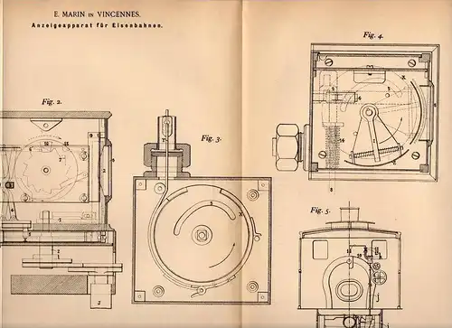 Original Patentschrift - E. Marin in Vincennes , 1899 , Anzeigeapparat für Eisenbahn , Lokomotive !!!