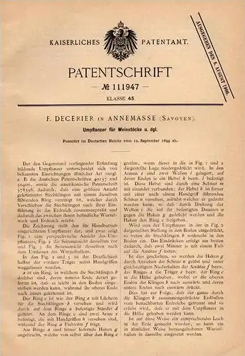 Original Patentschrift - F. Decerier in Annemasse , Haute - Savoie , 1899 , Weinstock - Umpflanzer , Wein !!!