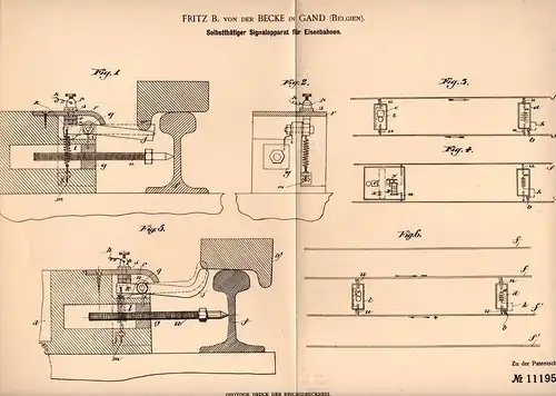 Original Patentschrift - Fritz B. von der Becke in Gand / Gent , 1899 , Signalapparat für Eisenbahn !!!