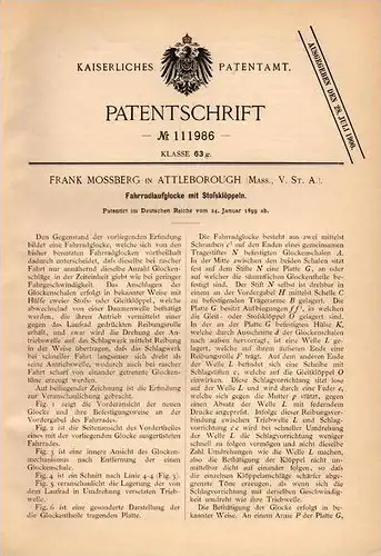 Original Patentschrift - F. Mossberg in Attleborough , Mass. , USA , 1899 , Fahrrad - Glocke , Klingel , bicycle !!!