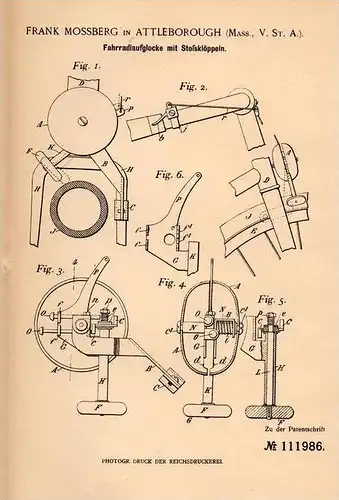 Original Patentschrift - F. Mossberg in Attleborough , Mass. , USA , 1899 , Fahrrad - Glocke , Klingel , bicycle !!!