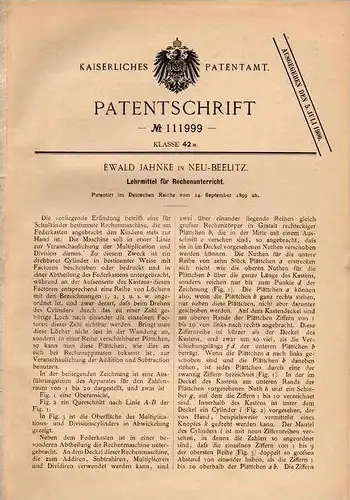Original Patentschrift - E. Jahnke in Neu Beelitz , 1899 , Apparat für Rechenunterricht , Schule , Mathematik !!!