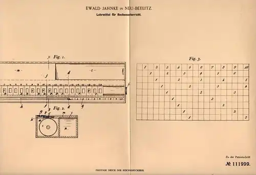 Original Patentschrift - E. Jahnke in Neu Beelitz , 1899 , Apparat für Rechenunterricht , Schule , Mathematik !!!