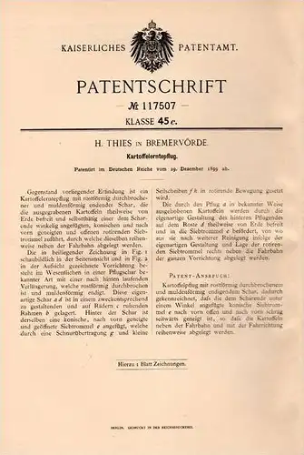 Original Patentschrift - H. Thies in Bremervörde , 1899 , Erntepflug für Kartoffeln , Landwirtschaft , Pflug , Agrar !!!
