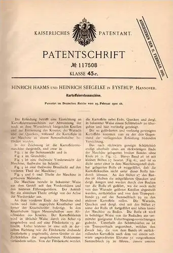 Original Patentschrift - H. Harms und H. Seegelke in Eystrup , 1900 , Kartoffel - Erntemaschine , Landwirtschaft !!!