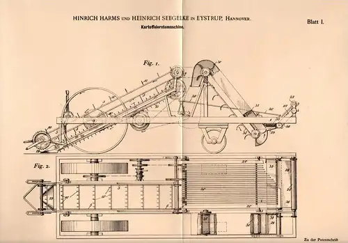 Original Patentschrift - H. Harms und H. Seegelke in Eystrup , 1900 , Kartoffel - Erntemaschine , Landwirtschaft !!!