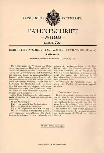 Original Patentschrift - R. Feix in Tannwald / Tanvald b. Reichenberg / Liberec , 1900 , Reissbrett , Architektur !!!