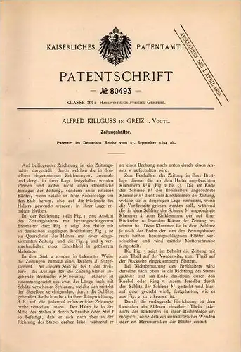 Original Patentschrift - A. Killguss in Greiz i. Vogtl., 1894 , Halter für Zeitung , Zeitungshalter !!!