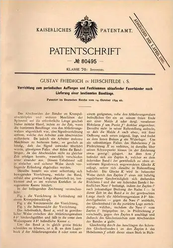 Original Patentschrift - G. Friedrich in Hirschfelde i.S. , 1894 , Apparat für Fassbänder , Fässer , Spinnerei !!!