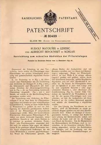 Original Patentschrift - R. Matousek in Lenesic und Schlan / Slaný , 1893 , Apparat für Filteranlagen , Filter , Zucker