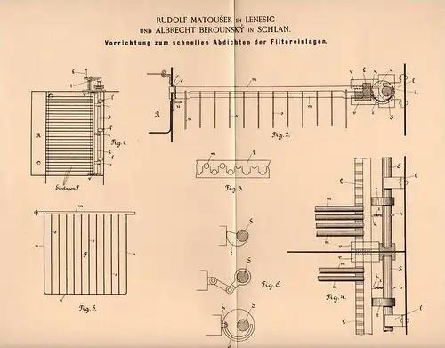 Original Patentschrift - R. Matousek in Lenesic und Schlan / Slaný , 1893 , Apparat für Filteranlagen , Filter , Zucker