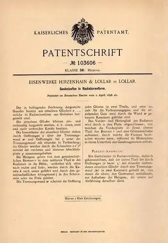 Original Patentschrift - Eisenwerke Hirzenhain & Lollar in Lollar , 1898 , Gasheizofen in Radiatorform !!!