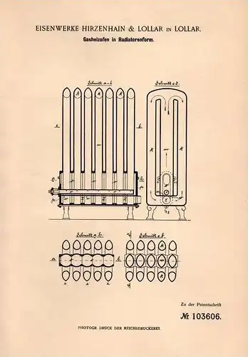 Original Patentschrift - Eisenwerke Hirzenhain & Lollar in Lollar , 1898 , Gasheizofen in Radiatorform !!!