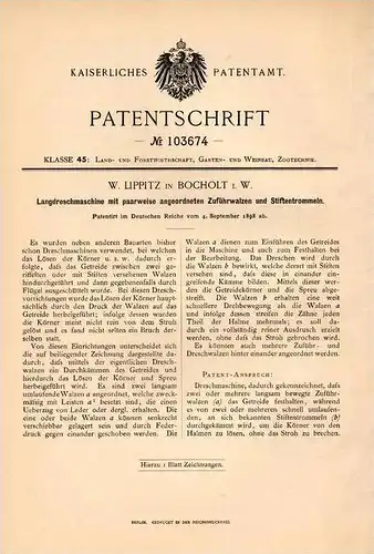 Original Patentschrift - W. Lippitz in Bocholt i.W., 1898 , Lang - Dreschmaschine , Getreide , Landwirtschaft , Agrar !!