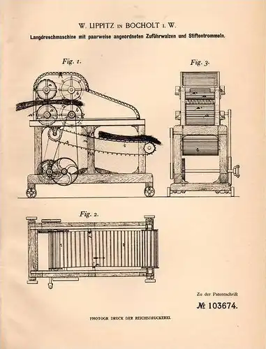 Original Patentschrift - W. Lippitz in Bocholt i.W., 1898 , Lang - Dreschmaschine , Getreide , Landwirtschaft , Agrar !!