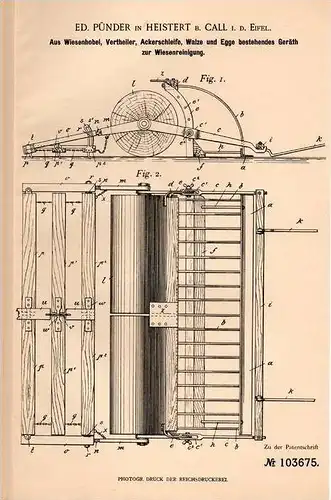 Original Patentschrift - E. Pünder in Heistert b. Call i.d. Eifel ,1898, Maschine zur Wiesen - Reinigung, Landwirtschaft