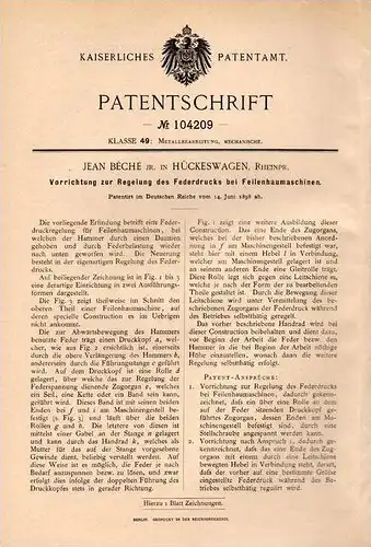 Original Patentschrift - Jean Béche in Hückeswagen , 1898 , Regelung für Feilhaumaschinen , Metall !!!