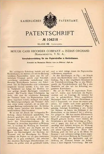 Original Patentschrift - Hough Cash Recorder Comp. in Indian Orchard , Massachusetts , 1898 , Apparat für Kassen , Kasse