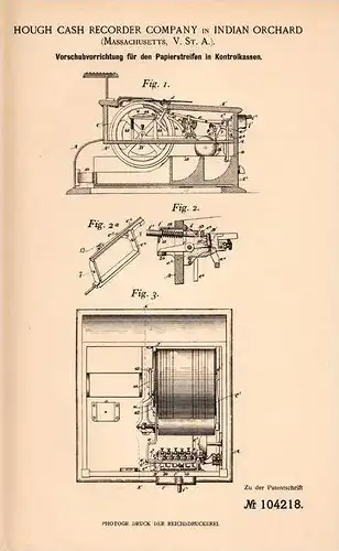 Original Patentschrift - Hough Cash Recorder Comp. in Indian Orchard , Massachusetts , 1898 , Apparat für Kassen , Kasse