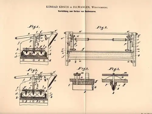 Original Patentschrift - K. Kirsch in Ellwangen , Württ., 1898 , Apparat für Backwaren , Bäckerei , Bäcker !!!
