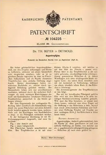Original Patentschrift - Dr. Th. Meyer in Detmold , 1898 , Glas für Augentropfen , Augenarzt , Arzt , Augen !!!