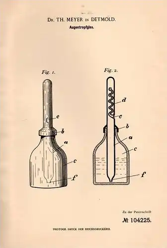 Original Patentschrift - Dr. Th. Meyer in Detmold , 1898 , Glas für Augentropfen , Augenarzt , Arzt , Augen !!!