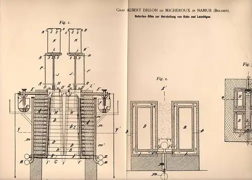 Original Patentschrift - Graf Albert de Micheroux in Namur , 1898 , Ofen zur Leuchtgas und Koks - Herstellung  !!!