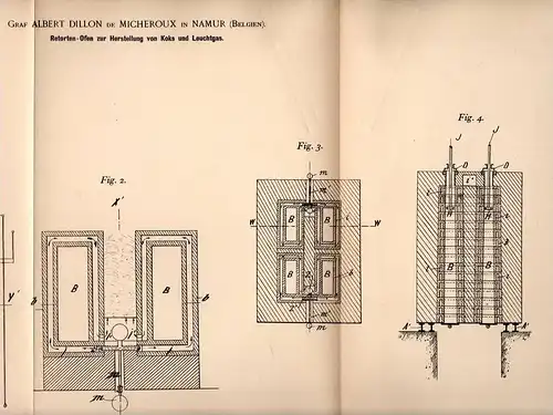 Original Patentschrift - Graf Albert de Micheroux in Namur , 1898 , Ofen zur Leuchtgas und Koks - Herstellung  !!!