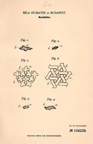 Original Patentschrift - Béla Humayer in Budapest , 1898 , Mosaikbilder , Mosaik !!!
