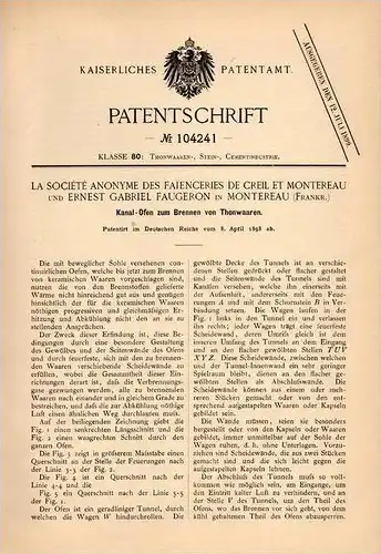 Original Patentschrift - E. Faugeron in Montereau , 1898 , Ofen zum Brennen für Thon !!!