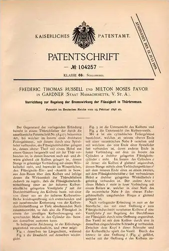 Original Patentschrift - F. Russel und M. Favor in Gardner , Massachus., USA , 1898 , Apparat zur Brems - Regelung !!!