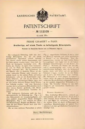 Original Patentschrift - Pierre Girardet in Paris , 1899 , Billiard - Platte !!!