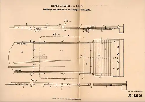 Original Patentschrift - Pierre Girardet in Paris , 1899 , Billiard - Platte !!!